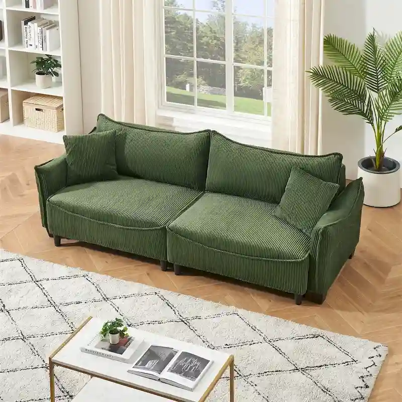 Green / Gray / Beige Corduroy 3-Seater Sofa with 2 Pillows