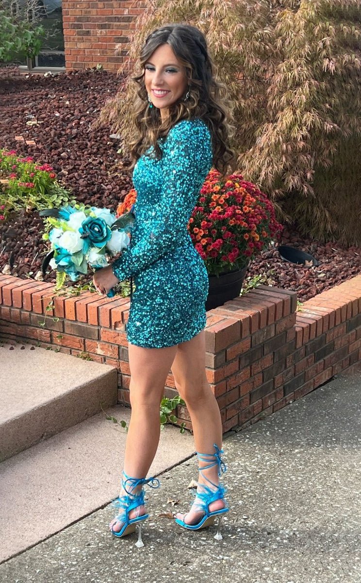 Peacock Bodycon Long Sleeve Sequins Mini Party Dresses