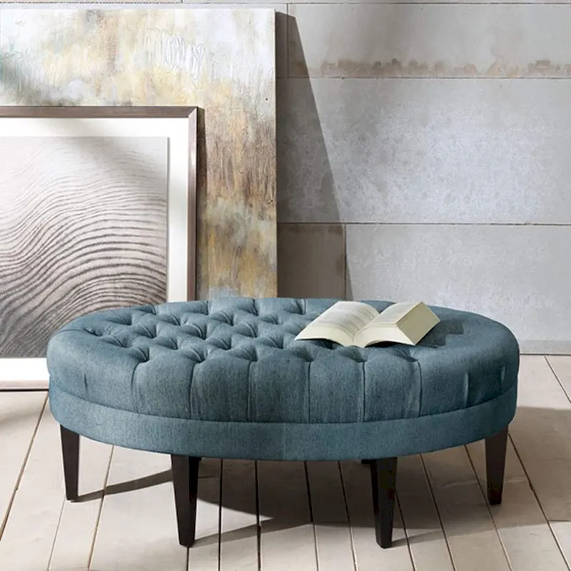 Blue Oval Button-Tufted Upholstered Ottoman with Wood Legs – Single