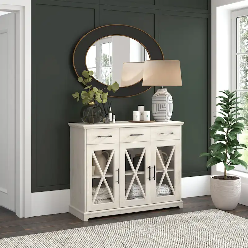 46-Inch Sideboard Buffet Cabinet with Glass Doors — Linen White Oak