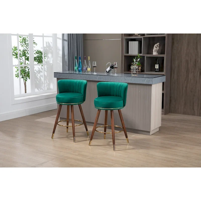 Bar Stools Set of 2, Swivel Barstools with Wood Legs and Footrest, Upholstered Kitchen Stool Island with Backs