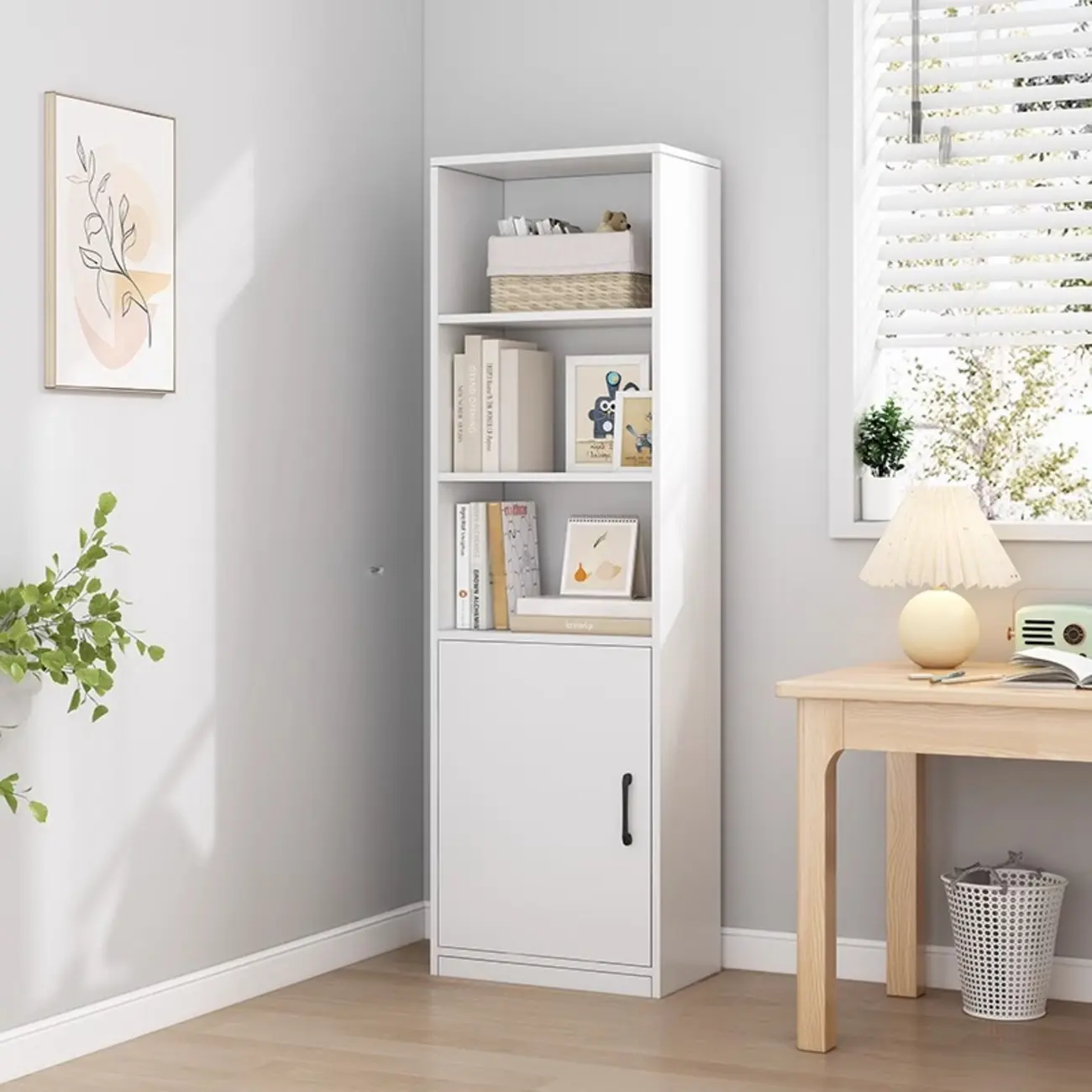 Narrow Modern Nut-Brown Wooden 3-Shelf Bookcase with Cabinet