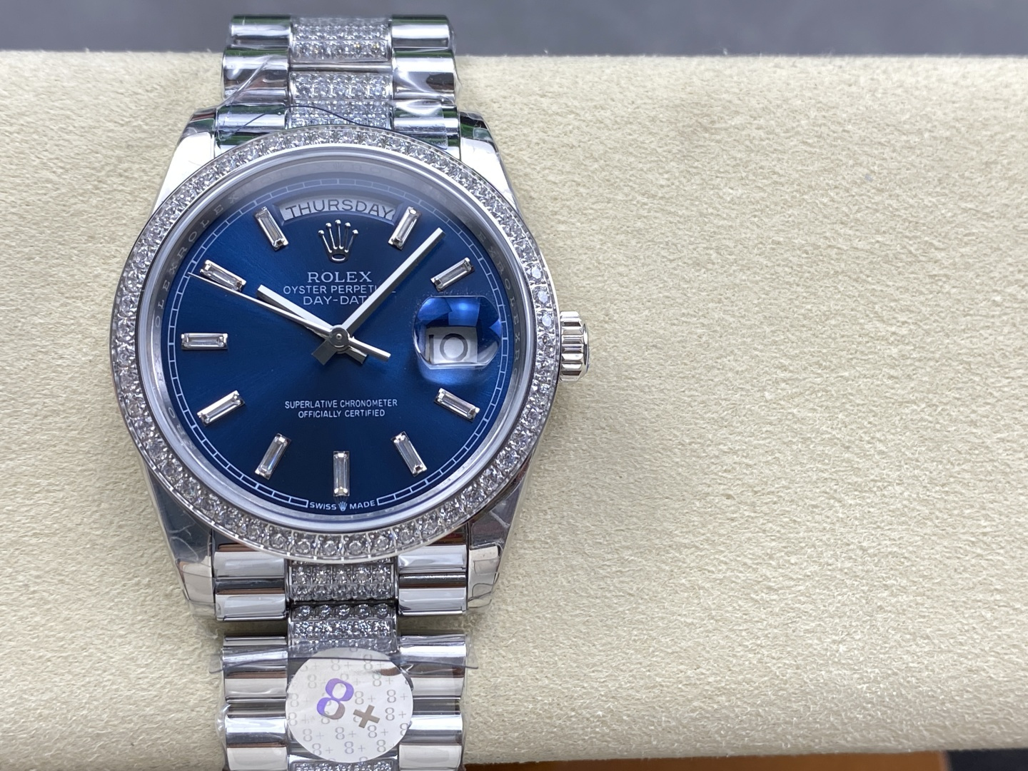 Rolex Day-Date 40 blue dial diamond bezel replica watch front view