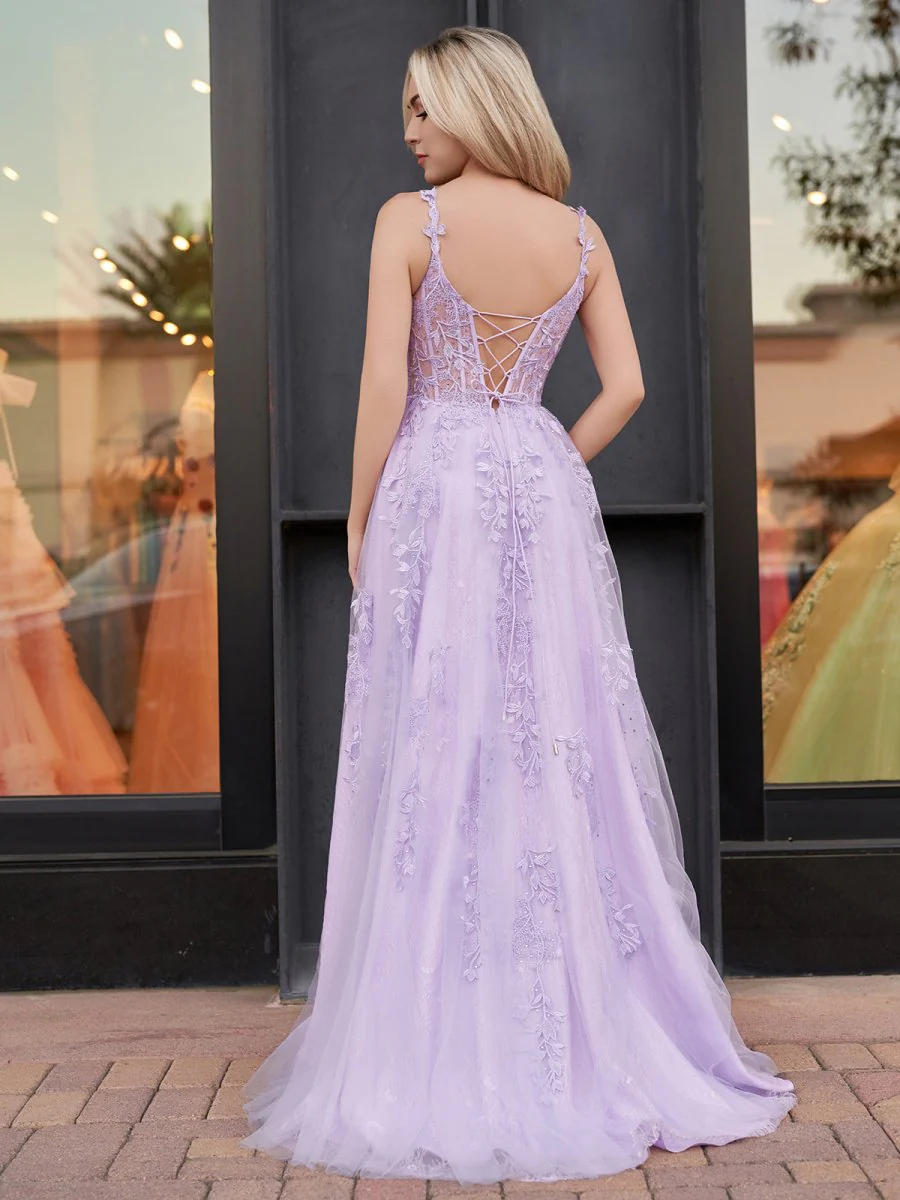 A-line V Neck Lace Tulle Prom Dress With Slit