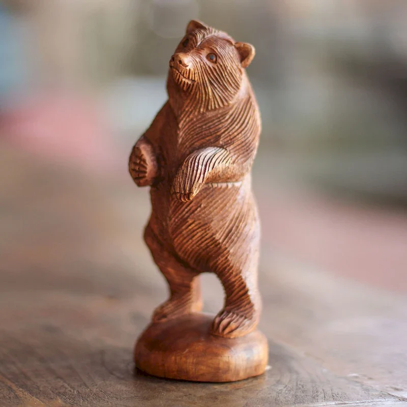 Handcrafted Suar Wood 'Inquisitive Brown Bear' Statuette (Indonesia) - 7.75  H x 3  W x 3  D