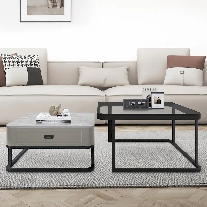 Modern Glass Waterproof Square Nesting Coffee Table with Drawer