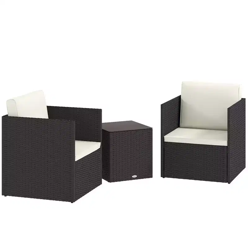 Folding Wicker Bistro Set, 3 Piece Patio Furniture Set with Cushions and Glass Coffee Table for Porch, Balcony