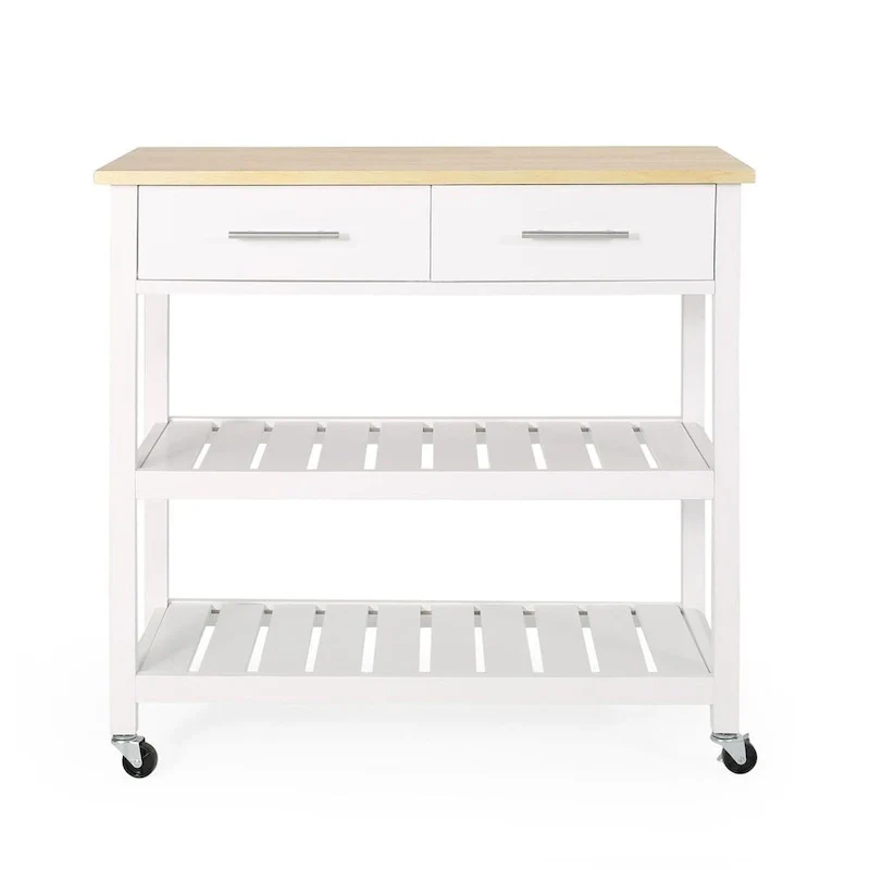 Modern White Wood Kitchen Cart with Wheels Drawers and Shelves by