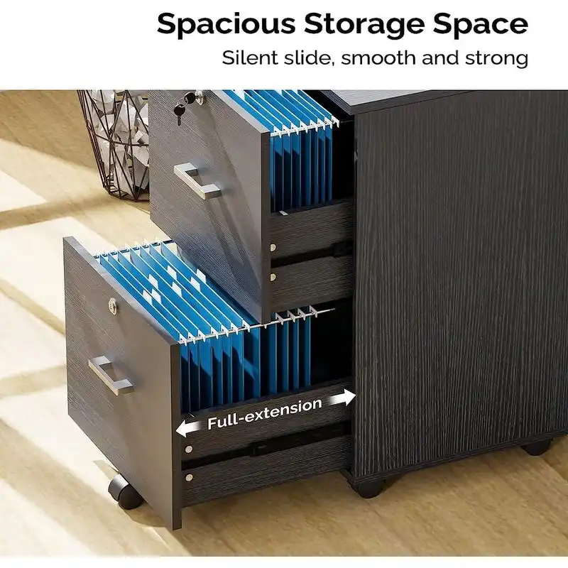 2-Drawer Rolling Wood File Cabinet with Lock