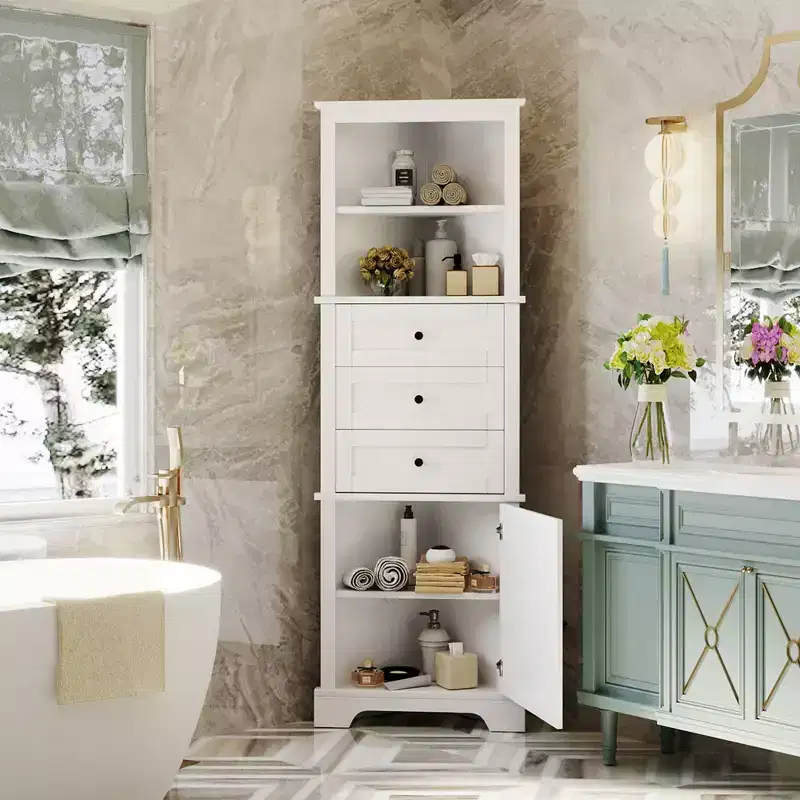JVNOXK Triangular tall cabinet with 3 drawers and adjustable shelves, suitable for bathrooms, Medium-density fiberboard, Painted finish, white