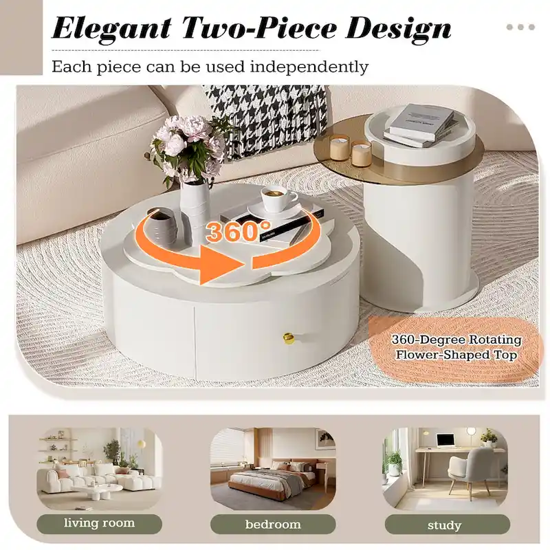 Modern Round Coffee Table Set of 2, 360-Degree Rotatable Flower-shaped Top with 2 Drawers, Top Circle Side Table with Glass