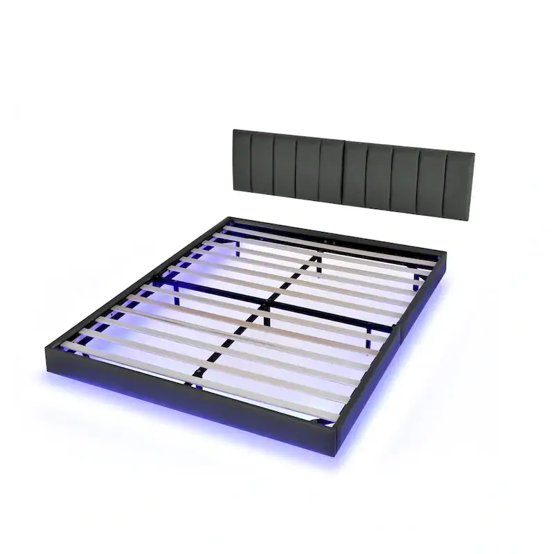 Floating Bed Frame With Led Lights And Wall Mounted Headboard