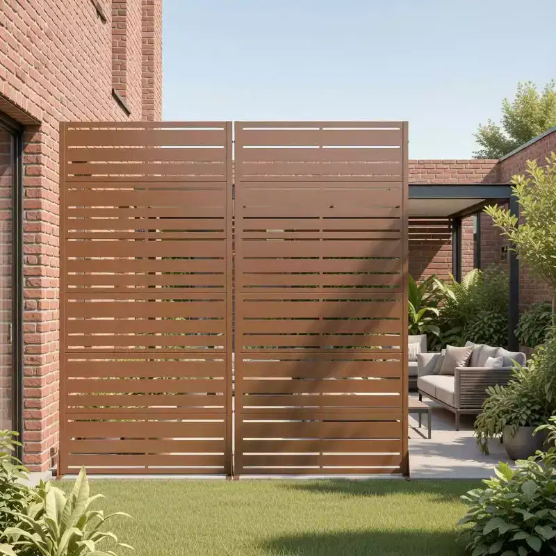MAYEERTY Benjamin Wide-Narrow A Louvered Brown Galvanized Steel Room Divider, 72x35x16, 6-Piece Double-Sided Privacy Screen