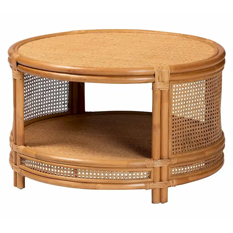 Light Honey Round Rattan Coffee Table with Open Shelf, 1-Piece