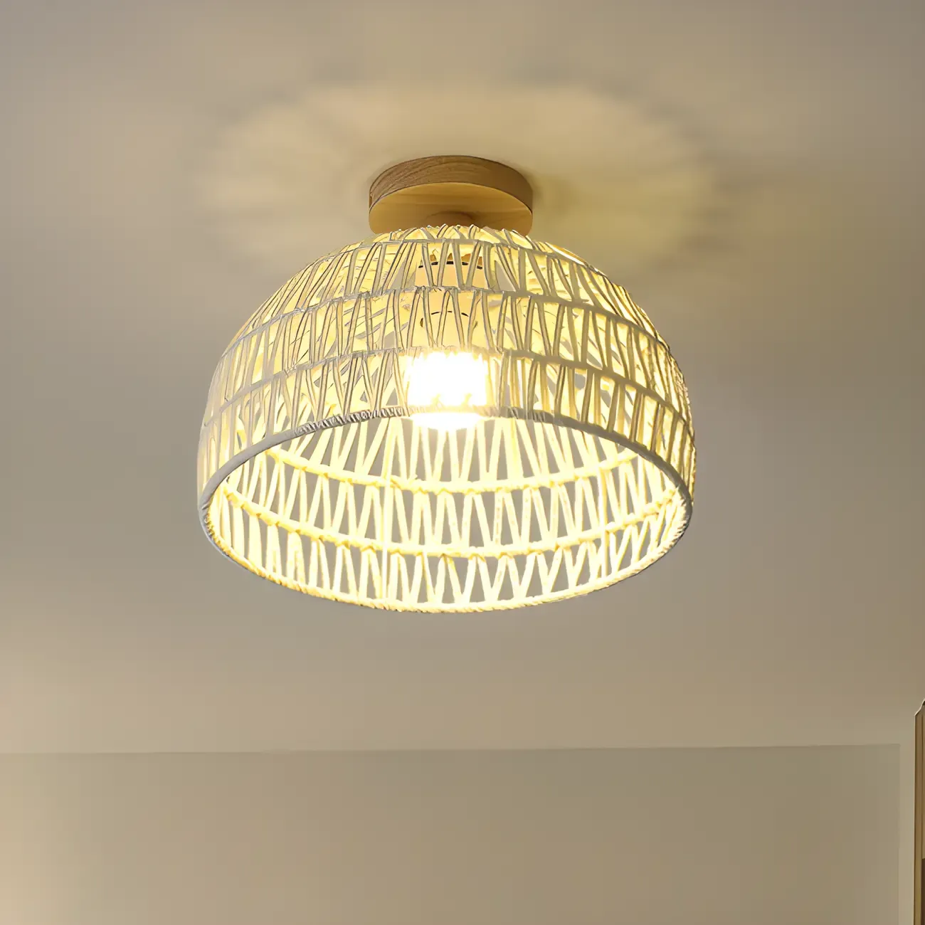 Natural Finish Semi Flush Ceiling Light with Rope Dome Shade