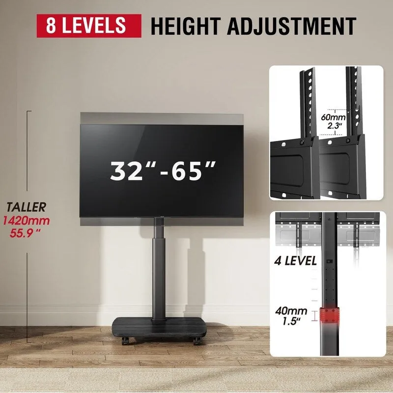 Black / Brown / White Rolling TV Stand with Height Adjustment & Swivel – Single