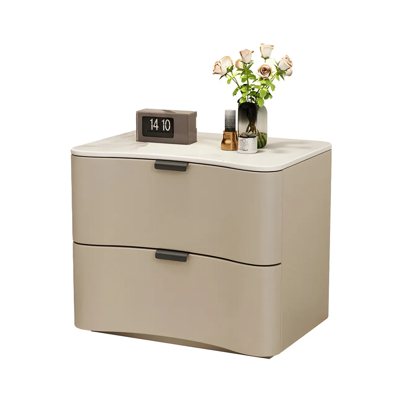 Modern Waved Stone Top Leather 2-Drawer Nightstand