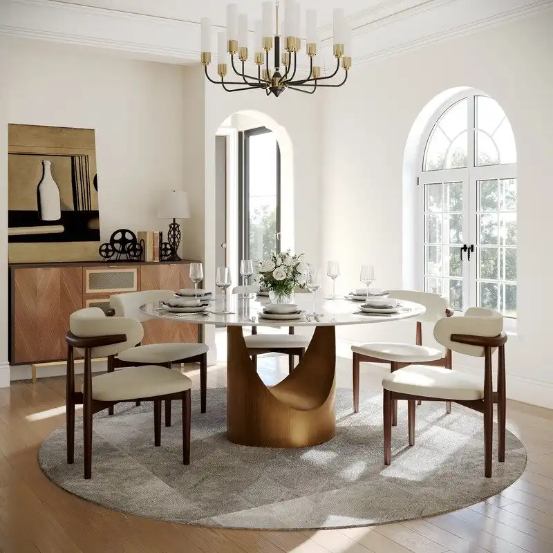 Modern Round Dining Table – White Sintered Stone Top & Bronze Carbon Pedestal