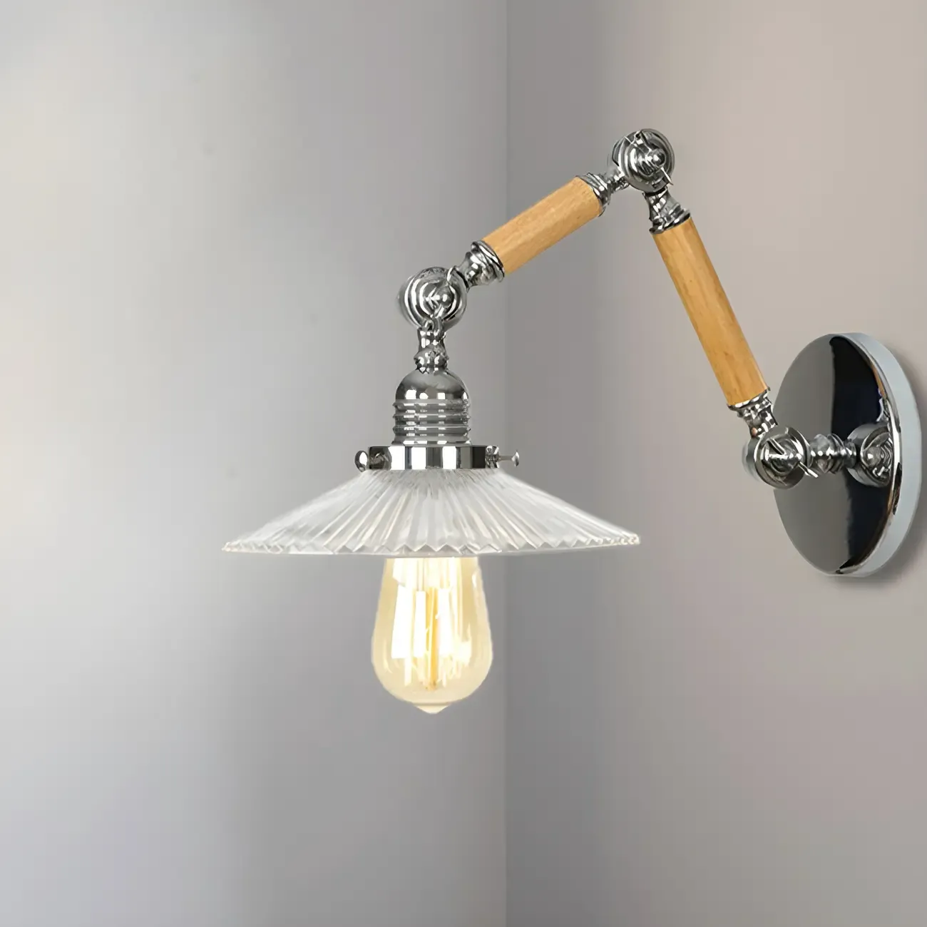 Industrial Glossy Swing Arm Wall Light with Wavy Glass Shade