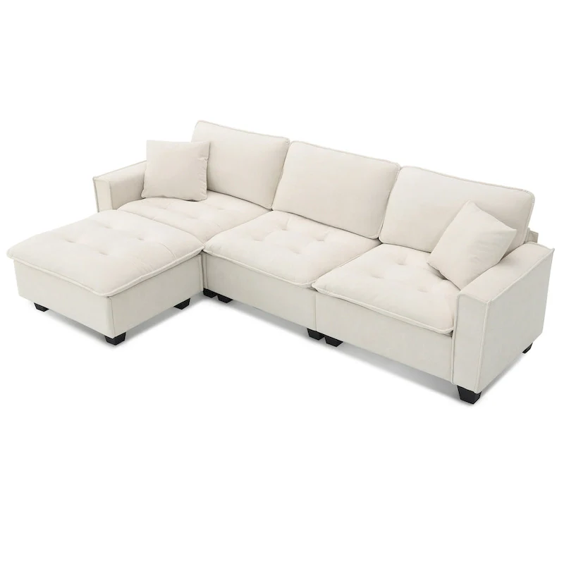 100 L-Shaped Convertible 4 Seater Sectional Sofa with Removable Ottoman and Matching Pillows, Suede Velvet Upholstery