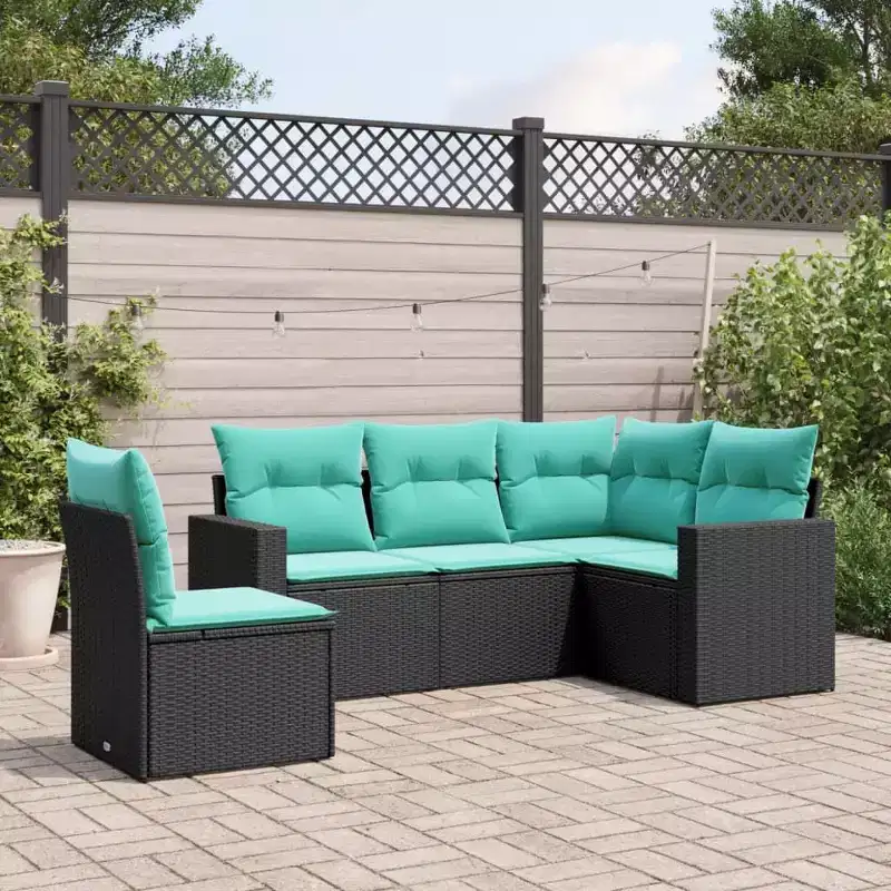 vidaXL 5 Piece Patio Sofa Set with Cushions Black Poly Rattan