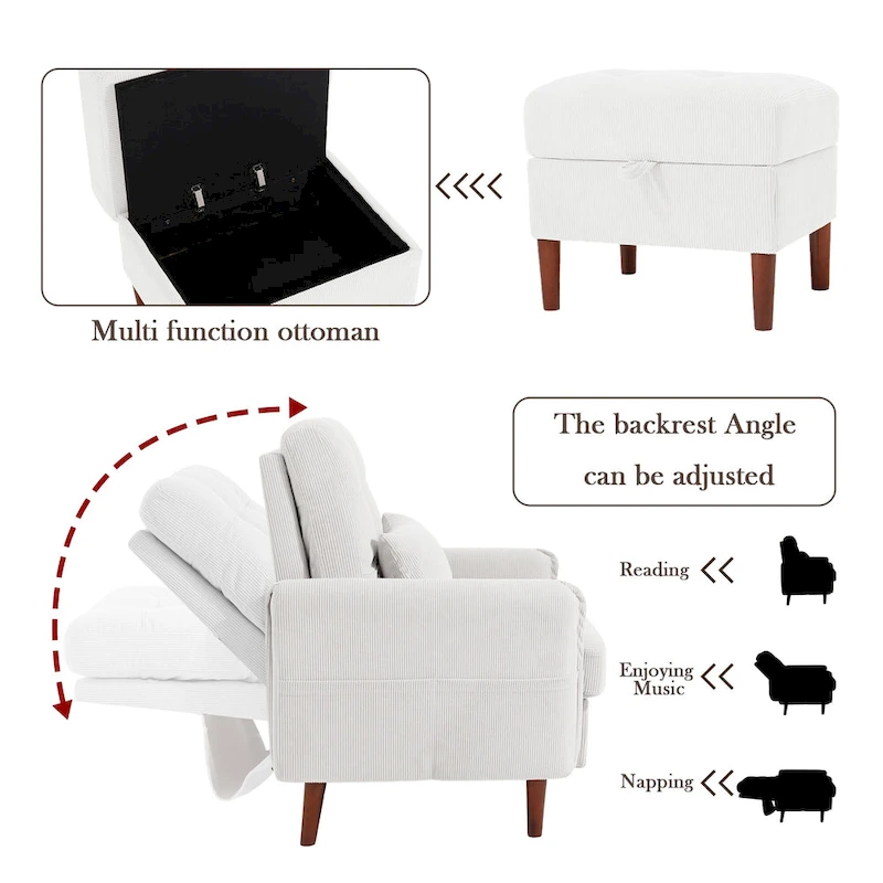 UIXE Modern Lounge Chair Accent Chair and Stroage Ottoman With Adjustable Backrest