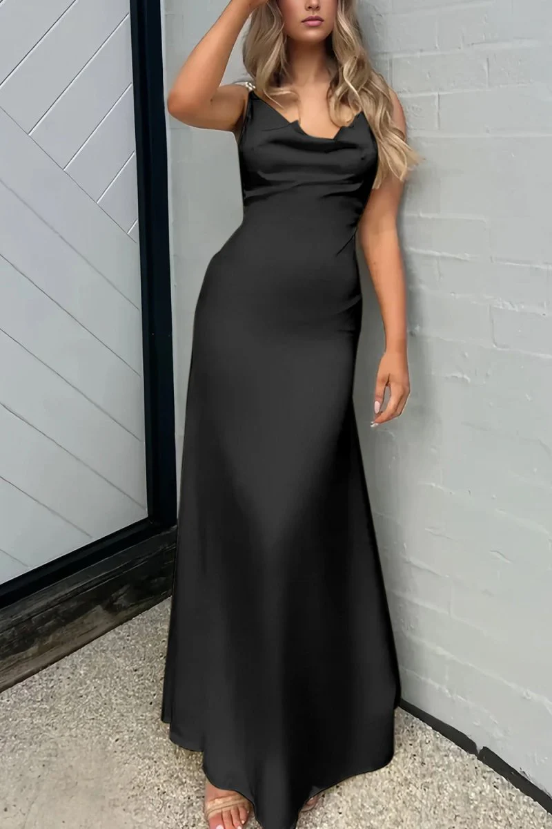 Yellow Sheath Spaghetti Straps Satin Long Prom Dresses With Pearls