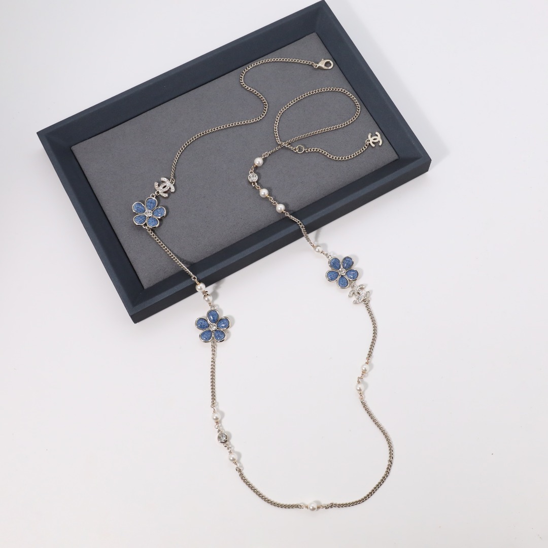 CCL116 Chanel Cowboy Petals pearl long chain sweater necklace - ccjewelryacc