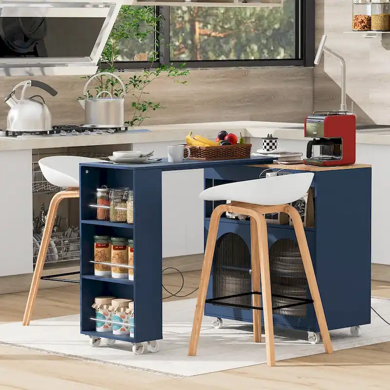LED Lights Kitchen Island Cart With Extended Table and Power Outlets