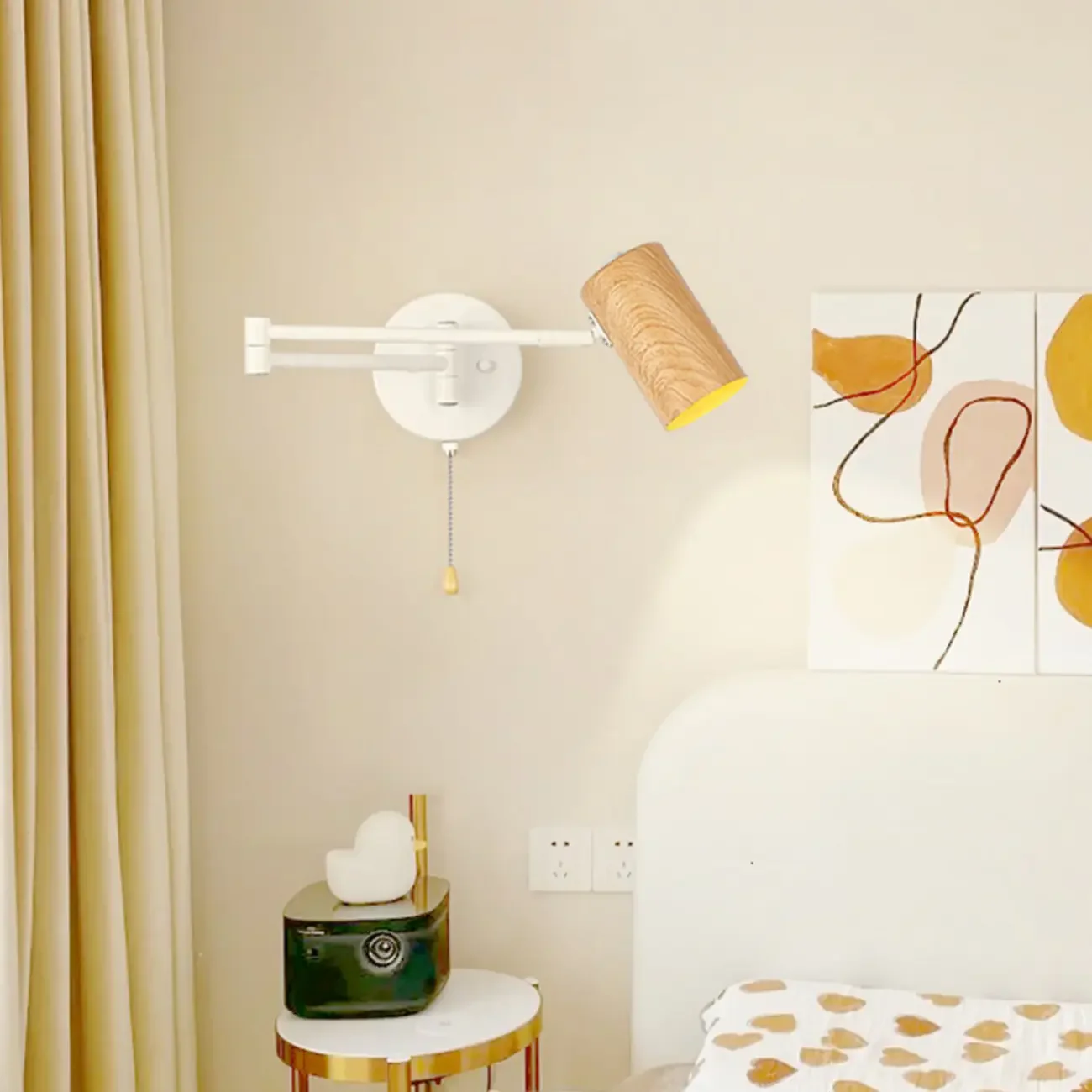 White and Black Metal Swing Arm Wall Light with Cylindrical Shade