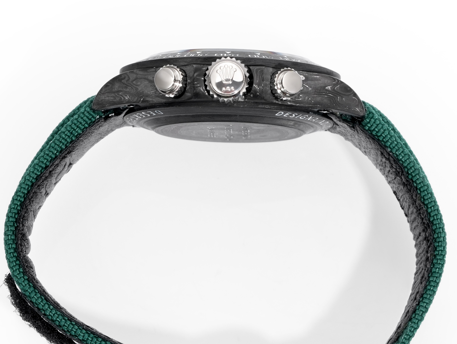 Rolex Daytona carbon fiber replica side view crown pushers green strap