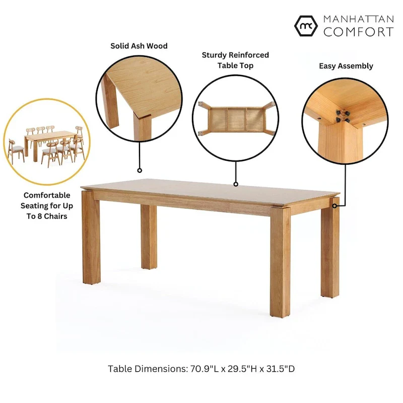Rectangular Solid Wood Dining Table, 70.86 in., Seats 8