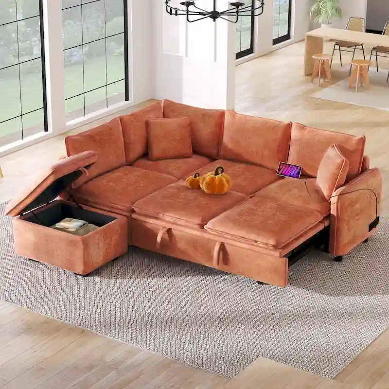 L-Shaped Sectional Pull Out Sofa 4-Seater Convertible Couch with 2 USB Ports Power Sockets and Movable Storage Ottoman