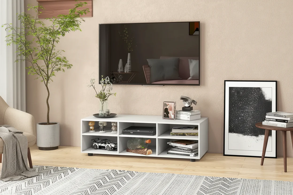 White 6-Cubby Open Shelf TV Stand with Adjustable Shelves, Fits TVs up to 55