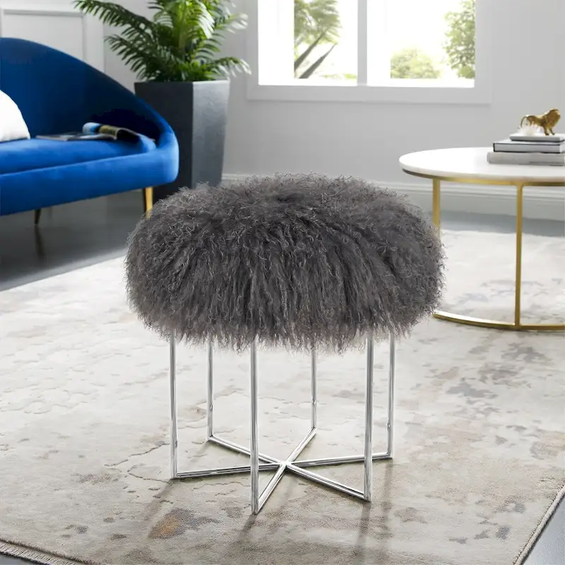 Round Sheepskin Ottoman with Stainless Steel Base