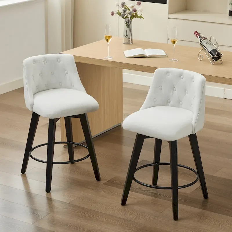 Modern Swivel Linen Upholstery Bar Stools Set of 2, with Button Tufted Back and Solid Wood Frame