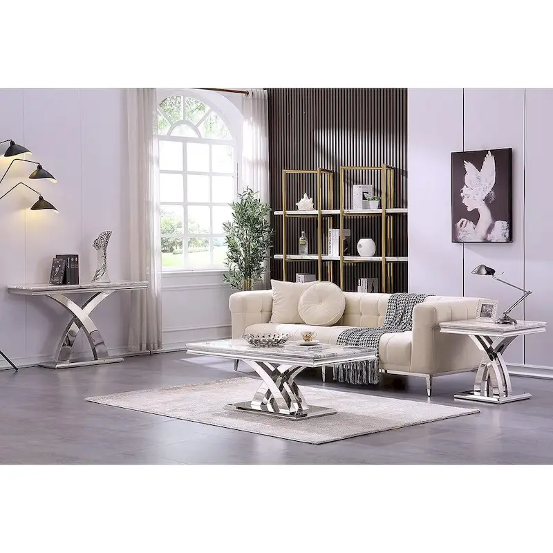 50 inch Rectangle Console Table with Luxurious Stainless Steel X Base and High Gloss Top