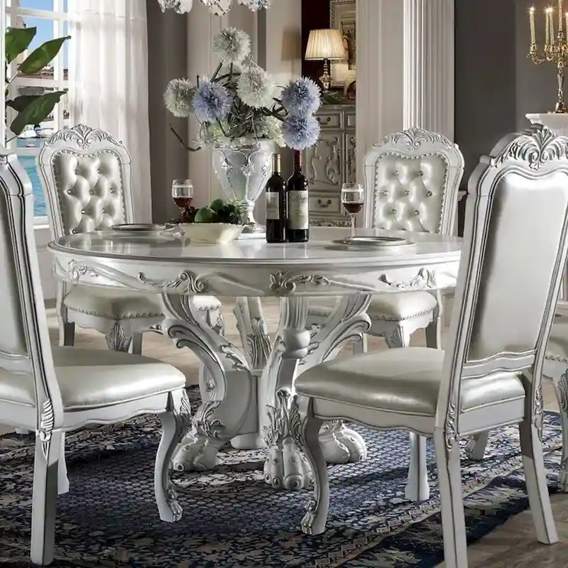 60Dia Round Dining Table with Wooden Legs in Bone White