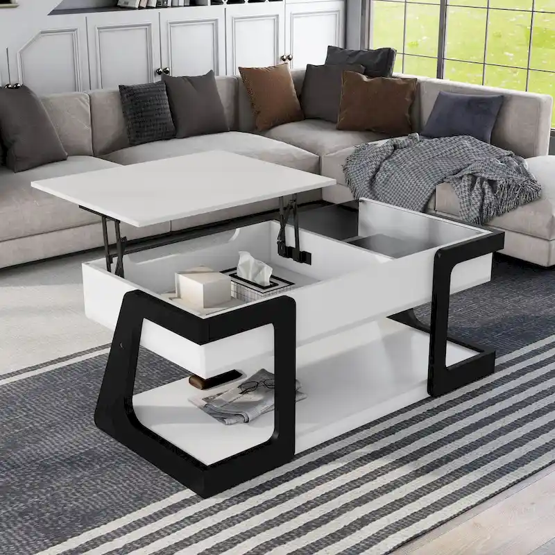 White & Black Contemporary Lift-Top Coffee Table with Lower Shelf - Single Use