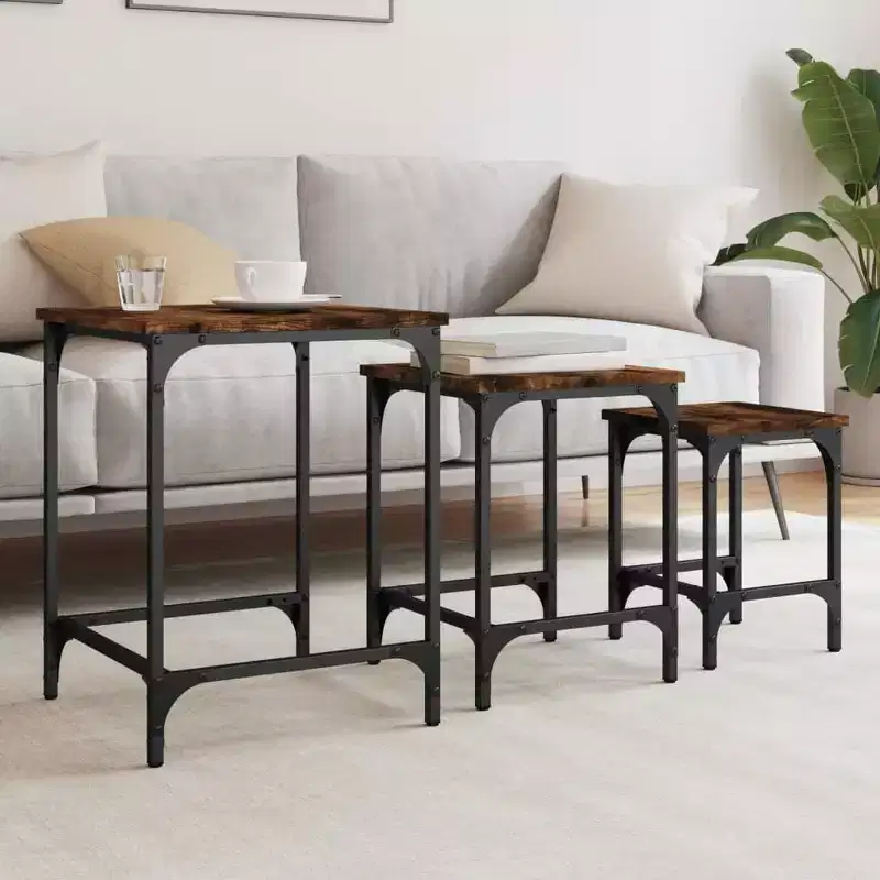vidaXL 3-Piece Nesting Coffee/Side Table Set - Smoked Oak Engineered Wood with Metal Frame for Living Room, Bedroom, Office