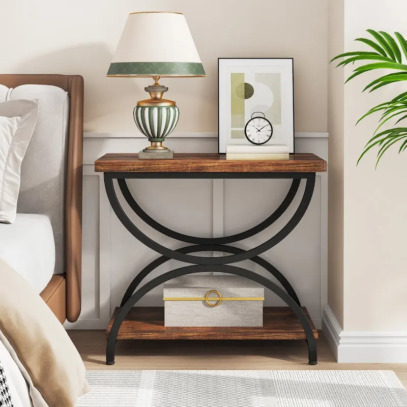 2-Tier Rectangular Wood Metal End Side Chairside Table