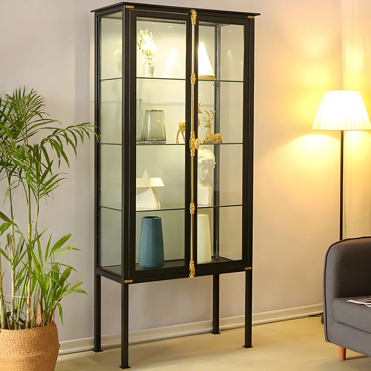 Glam Black Metal Frame Glass Curio Cabinet