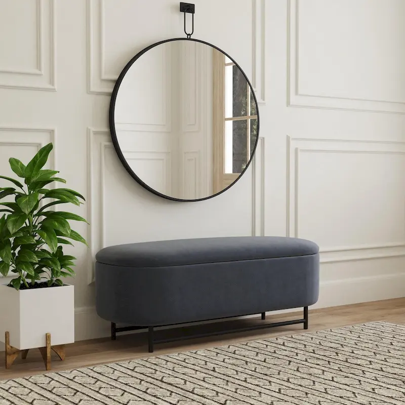 Ellipse Storage Bench with Upholstered Seat & Black Metal Legs – Steel Blue Velvet / Brown Faux Leather / Cream Boucle, Single