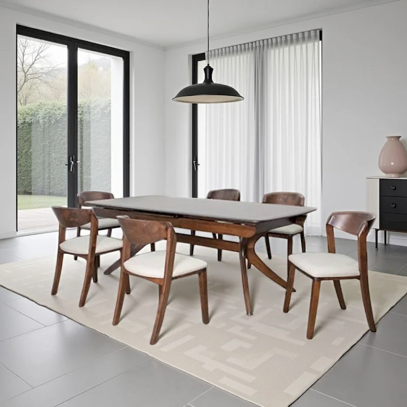 Viki 82-102 Inch Dining Table, Curved Legs Extendable Brown Solid Wood