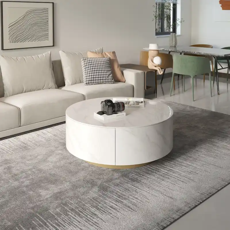 Modern Marble Top Round Coffee Table with Metal Base and 2 Drawers
