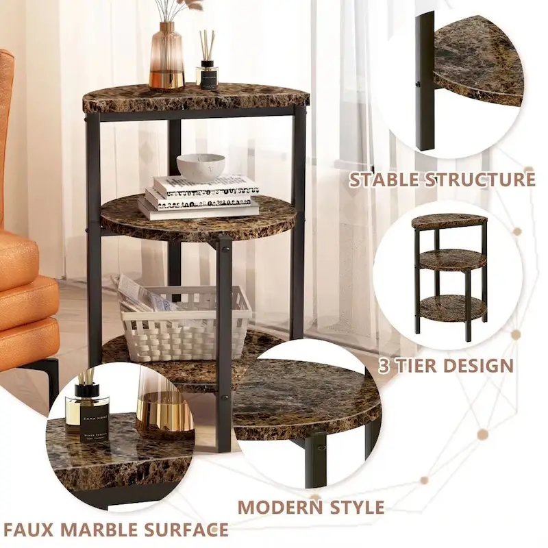 Modern 3 Tier End Table with Marble Tabletop