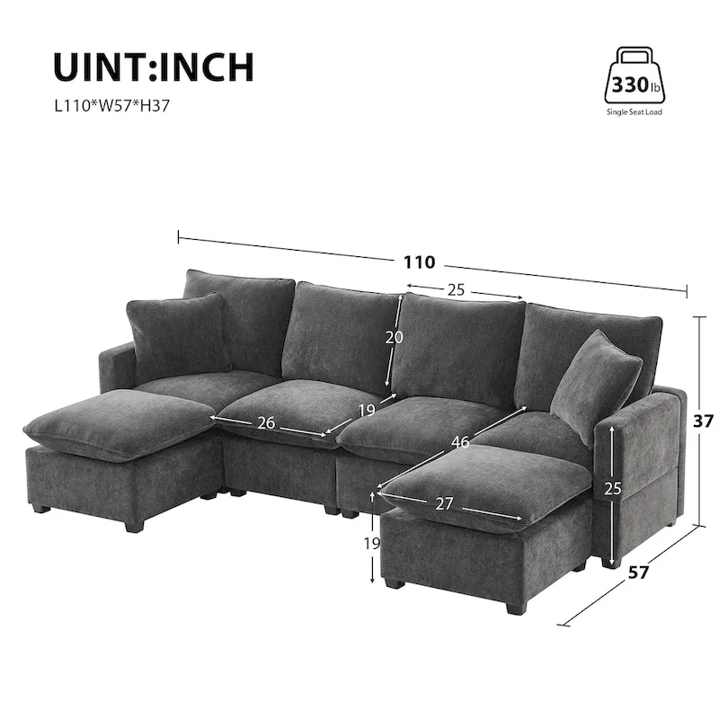 Modern 6-Seat Free Combination U-Shaped Modular Sofa, Sectional Couch Set with 2 Pillows
