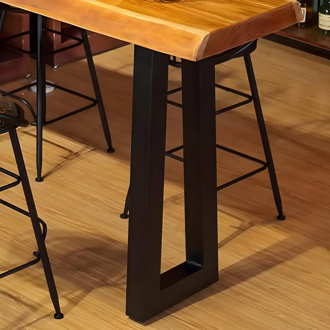 Industrial Brown Pine Rectangular Bar Table with Metal Sled Base