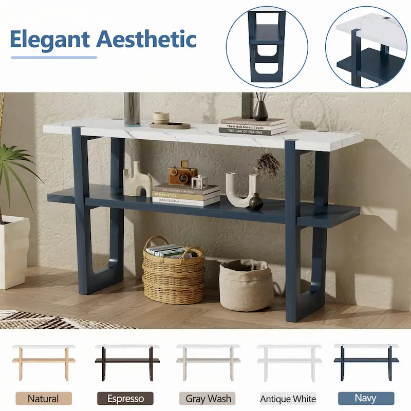 Narrow Console Table with Marble-Effect Top(Navy)