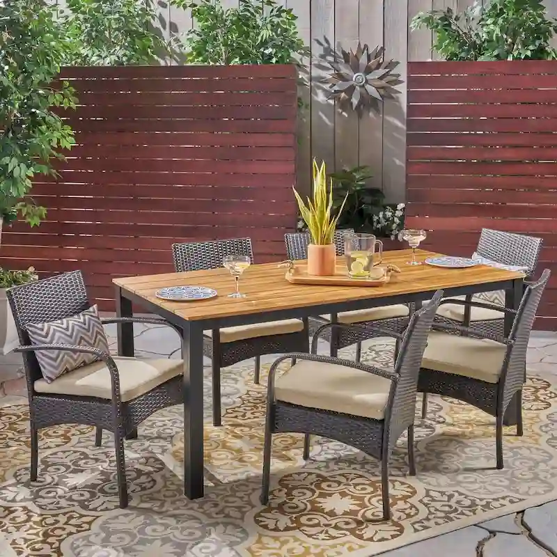 Ballard Outdoor 7 Piece Acacia Wood Dining Set with Wicker Chairs by Christopher Knight Home